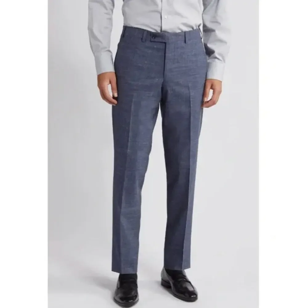Ted Baker Karl Slim Fit 100% Wool Dress Pants, Micro Plaid Blue | 33 Short Unhem - Picture 1 of 14